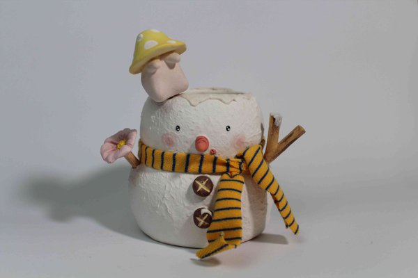Hand-crafted Pot - Snowman with Yellow Scarf