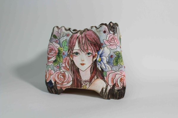 Hand-painted Pot - Girl & Roses